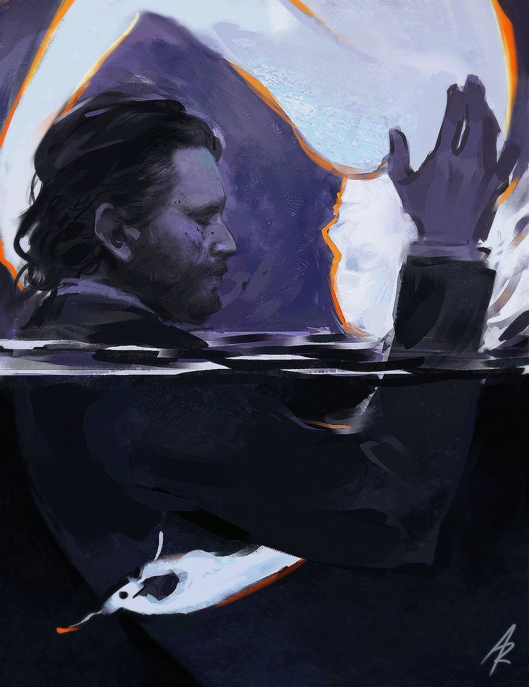 Alan wake 2 fanart. An purple shaded illustration of Alan, upright, surfacing from water. Alice is an inverted white silhouette submerging into the water with the clicker in her hand.