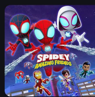 Poster do desenho "Spidey and his amazing friends", mostrando 3 pessoas aranha, um de uniforme vermelho, um de uniforme preto e a terceira de uniforme branco