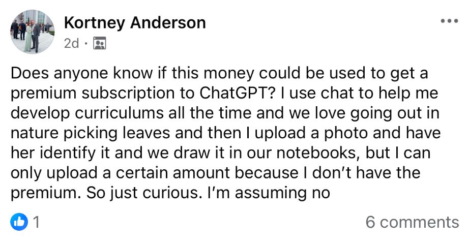 A very stupid woman on Facebook asks, "Does anyone know if [Arkansas LEARNS voucher money] can be used to get a premium subscription to ChatGPT? I use chat to help me develop curriculums all the time and we love going out in nature picking leaves and then I upload a photo and have her identify it and we draw in our notebooks, but I can only upload a certain amount because I don't have the premium. So just curious. I'm assuming no."

ChatGPT has thus far not helped her learn how to use commas correctly, so it's use as a curriculum designer seems limited at best.