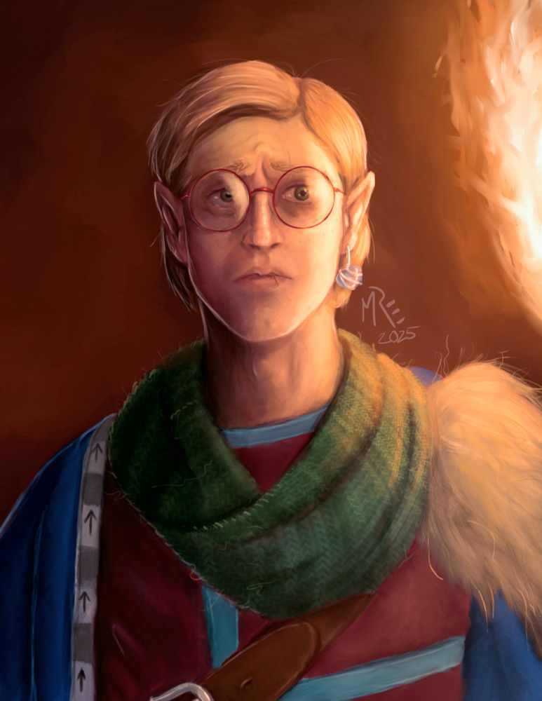 A hesitant-looking half-elf, lit by a torch.