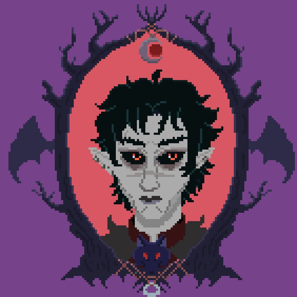 Malakai, a raven haired and gaunt character with greyish skin, scars, bark lips and sclera, along with bright red-orange eyes. They have pointy ears, a maroon collar and dark grey fur, wild eyebrows, and a very somber expression. They are surrounded by a frame that looks like two gnarled trees tied together with twisted branches, bat wings, a wolf head, and varying charms, the one on top being his double moon pendant.