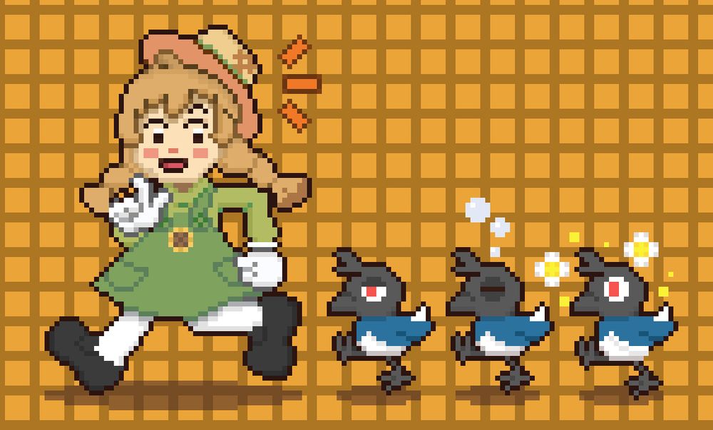 



A scarecrow girl with two wheat colored braids wears a straw hat and a green dress with white stockings and black shoes. She wears gloves and has a sunflower on her slightly darker green jumper-style pinafore. She's followed by three crows with red pupils, black heads, and blue and white bodies. From L-R, they are uninterested, sleepy, and peppy.
A scarecrow girl with two wheat colored braids wears a straw hat and a green dress with white stockings and black shoes. She wears gloves and has a sunflower on her slightly darker green jumper-style pinafore. She's followed by three crows with red pupils, black heads, and blue and white bodies. From L-R, they are uninterested, sleepy, and peppy.