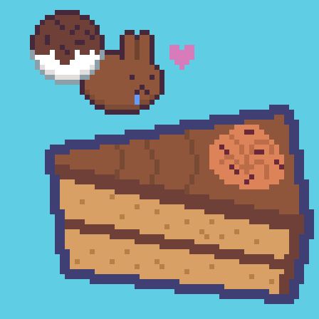A chocolate cake with a spongy, light brown base, and milk chocolate filling and icing that ripples a bit inwards. There is a light chocolate creme dollop on it with more chocolate sprinkles on top. Choux the rabbit, sporting a chocolate-colored coat and a dollop of chocolate and sprinkles over his cottony tail looks at it while drooling a bit.