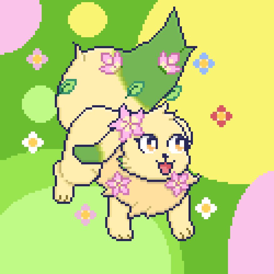 An eevee-Leafeon hybrid which has eevee body and neck fluff but leafeon colors. they have floppy ears and leaves and flowers blooming on their ear, neck ruff, and tail.