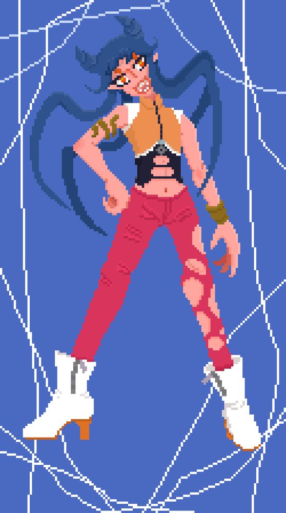 A character with spidery blue hair, a sleeveless zipped-up orange, white, and black top w with small torn holes, reddish-pink pants with one leg full of torn holes, and white boots with orange-brown heels and a zipper. They have a gold bracelet and snake-like armlet, fangs, pointy ears, and bring orange yes.