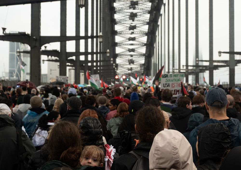A crowd of protesters walk across the harbour bridge in Sydney. One child looks back at me, held in his mother’s arms with keffiyeh scarf around her