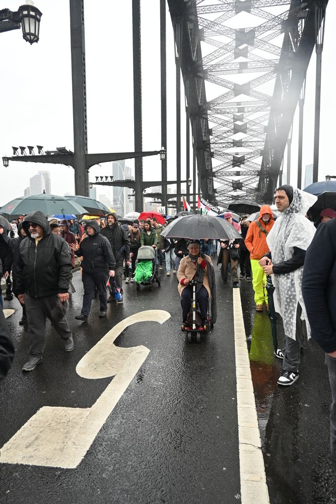 Pro Palestinian Protesters on Sydney Harbour Bridge in the rain. A woman on a mobility assistance buggy, holding her umbrella is centre focus. Above you can see the 'coat hanger' girders of the bridge stretching towards the city. Many other protestors, young and old, walk along beside in rain clothes and with umbrellas.
