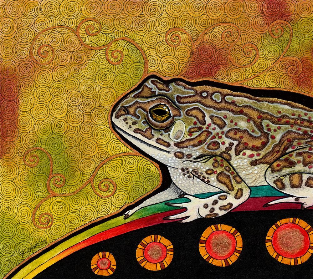Illustration of the Mongolian Toad on illustration board in pencil and ink. A many patterned toad with golden eyes, and a cream, beige, brown, red colouring, against a warm green, brown and yellow background, with yellow energy circles. 