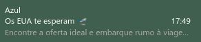 E-mail enviado às 17h49 pela Azul, de assunto "Os EUA te esperam 🛫". O início do e-mail é exibido: "Encontre a oferta ideal e embarque rumo à viagem..."
