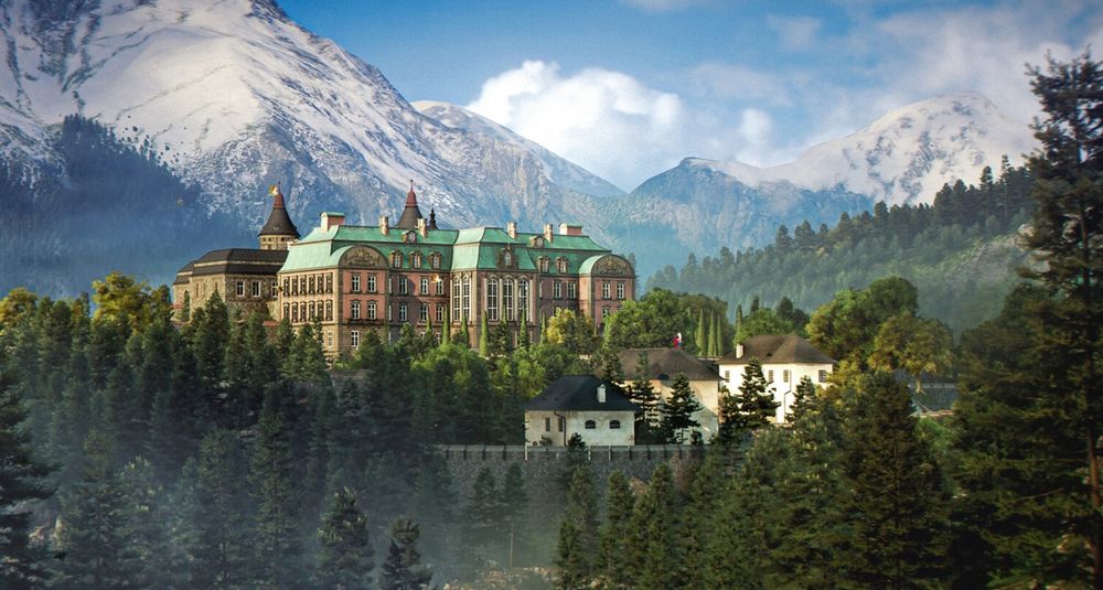 Capture d'écran de 007 First Light qui montre un somptueux château de plaisance (et quelques murailles) perdu dans une forêt, avec des montagnes enneigées à l'arrière-plan.