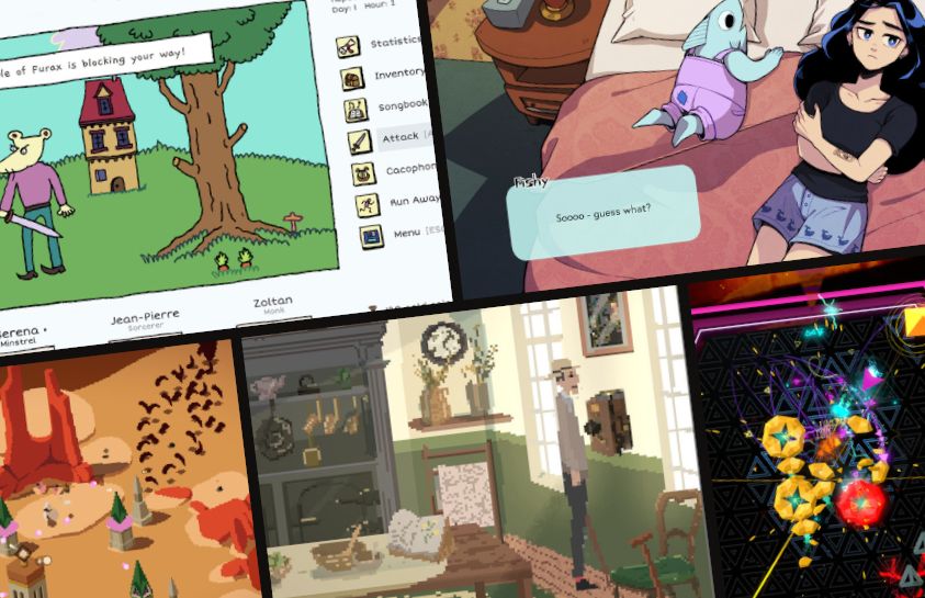 Cinq captures d'écrans de jeux en mosaïque. De haut en bas et de gauche à droite : un rat humanoïde, dessiné de façon enfantine, est dans une prairie et entouré par l'interface d'un dungeon crawler. Une femme aux cheveux noirs et bleus discute avec un poisson bleu sur un lit saumon. Un paysage ocre avec quelques bâtiments gris. Un homme avec une canne se tient debout dans une cuisine victorienne ensoleillée, en pixel art. Des formes géométriques s'agglutinent sur un fond noir, traversé de lasers.