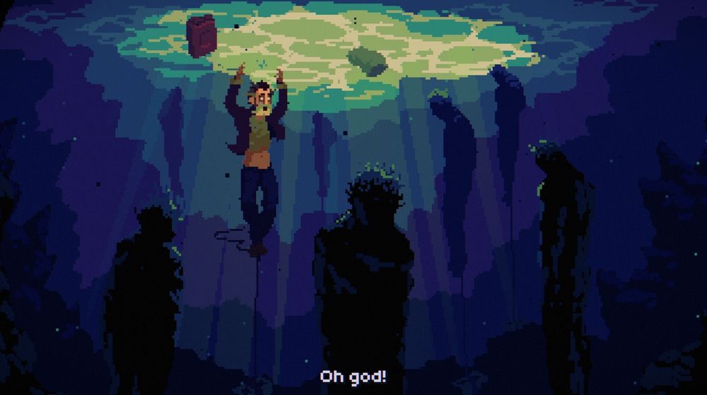 Dans un style pixel art, un homme barbu est sous l'eau, les pieds attachés à une pierre, devant des formes qui ont semble-t-il subies le même sort. Il crie "Oh god !".