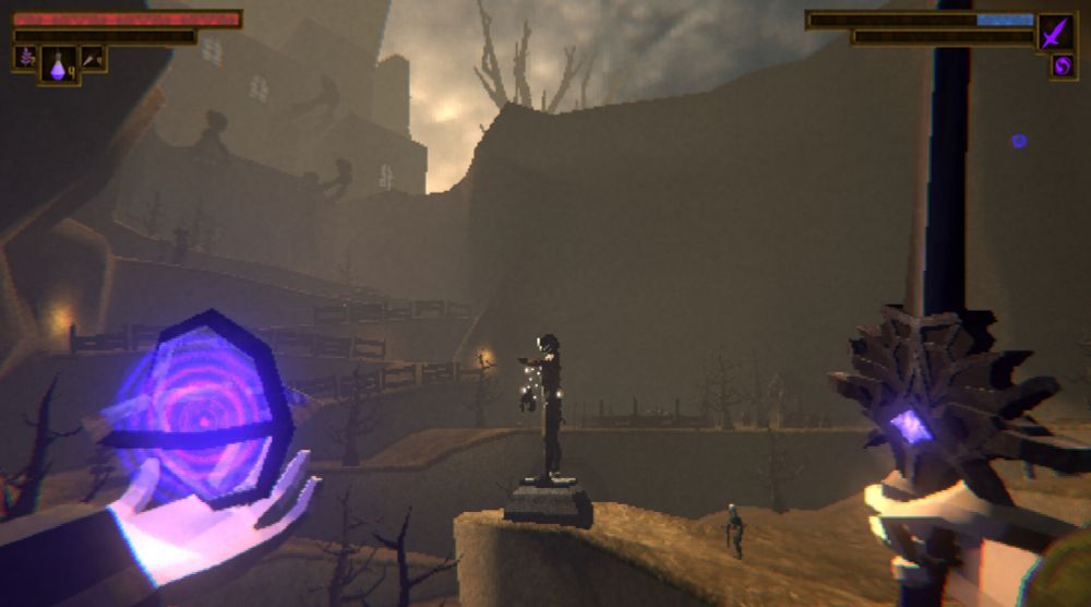 Capture d'écran d'un jeu en 3D, où l'on tient une grande épée noire dans la main droite et une orbe violette lumineuse dans la main gauche. Devant nous, un paysage ocre, sombre et dévasté.