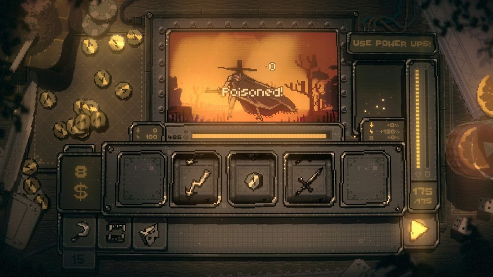 Capture d'écran d'un jeu en 2D, pixellisé et sombre avec de forts contrastes oranges. Une sorte de machine à sous affiche les symboles d'éclair, de pièce et d'épée, sous l'image d'un pistolero qui se tient sous un ciel orange avec écrit "Poisoned!".