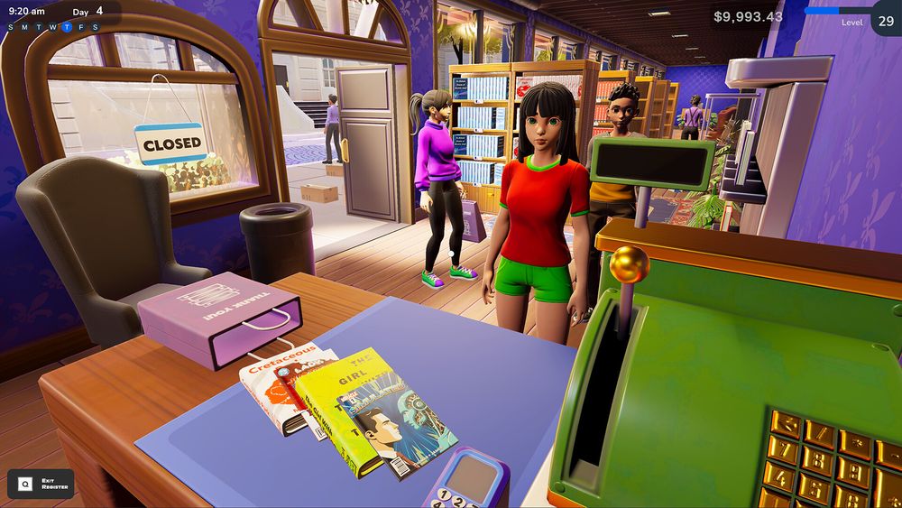 Capture d'écran dans un style 3D cartoon. Point de vue depuis la caisse d'une librairie (aux murs peints en bleu), où des clientes font la queue. Des livres colorés sont posés sur le comptoir.