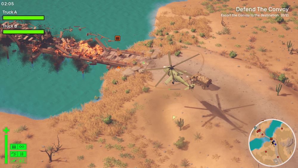 Capture d'écran d'un jeu en 3D style cartoon, où un hélicoptère d'attaque vert, vu du dessus dans une région aride, tire des missiles sur un pont.