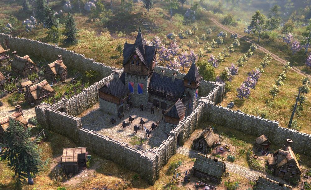 Capture d'écran en 3D, style réaliste. Un village médiéval en bois et pierre est vu à l'isométrique.