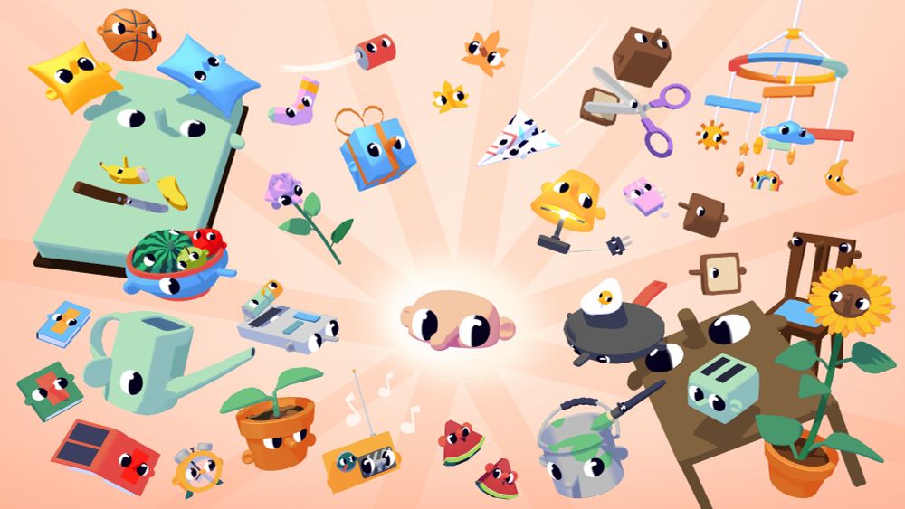 Capture d'écran dans un style 3D lowpoly, coloré et lumineux. Une demi-tête chauve aux grands yeux curieux est au milieu de l'écran, et d'elle rayonnent des bandes de couleur qui touchent plein d'objets du quotidien, chacun avec la même paire d'yeux curieux : grille-pain, poêle, pot de fleur, arrosoir, oreiller, etc.