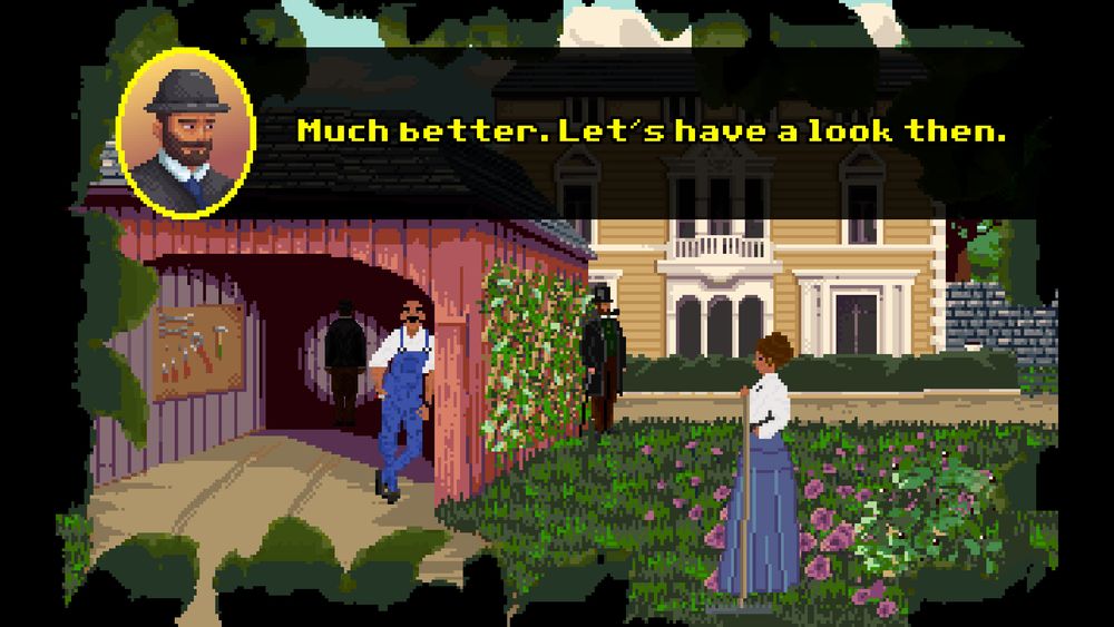 Capture d'écran dans un style 2D pixel art, façon point & click à l'ancienne. Des personnages vêtus façon XIXe siècle se tiennent dans le jardin d'une maison ancienne.