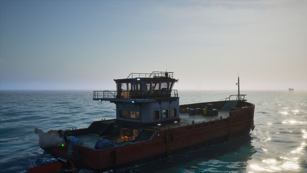 Capture d'écran d'un jeu en 3D. Sur une mer d'huile, un petit bateau moderne, comme un bateau de pêche sans ses chaluts, avance au soleil.