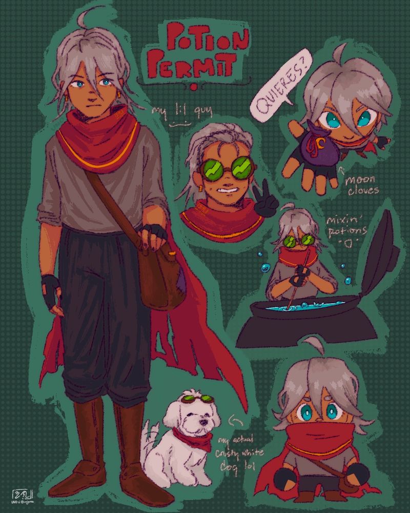 a colored doodle page of my player character in potion permit. they are a tanned person with grey hair, teal eyes, and wear a bright red cape that drapes over their shoulders. hiding near my character's left leg is my dog, a bichon frise that is wearing goggles and a matching red handkerchief around her neck.