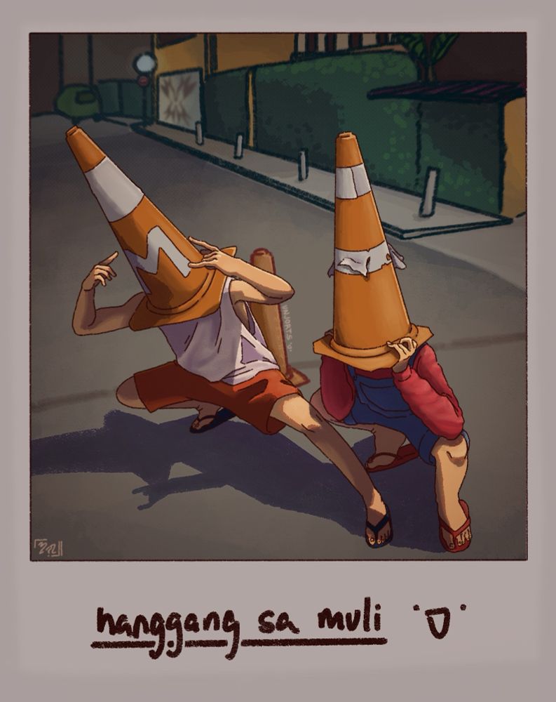 a polaroid-like drawing of Mark and Cathy from the game Until Then. they are posed, squatting in the middle of the road at night, lit by a streetlight. they are both wearing traffic cones over their heads. on the polaroid frame, there is handwritten text that reads: "hanggang sa muli :D"