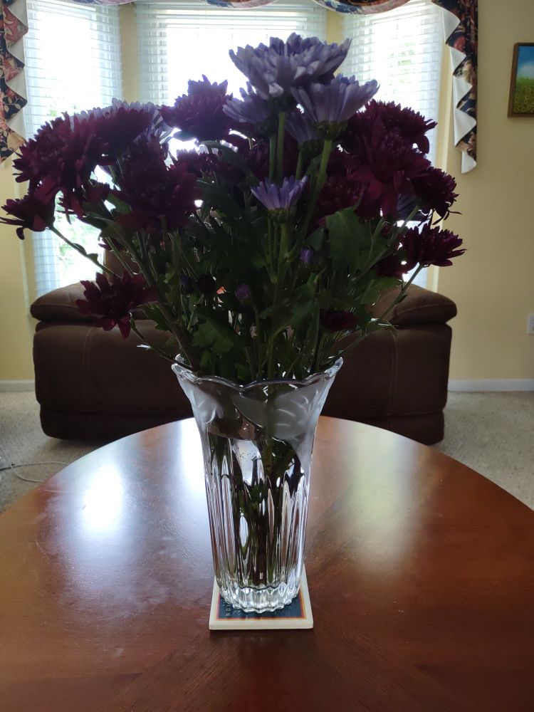 Picture of light purple and dark purple flowers in a vase (sorry don't know what kind of flowers).