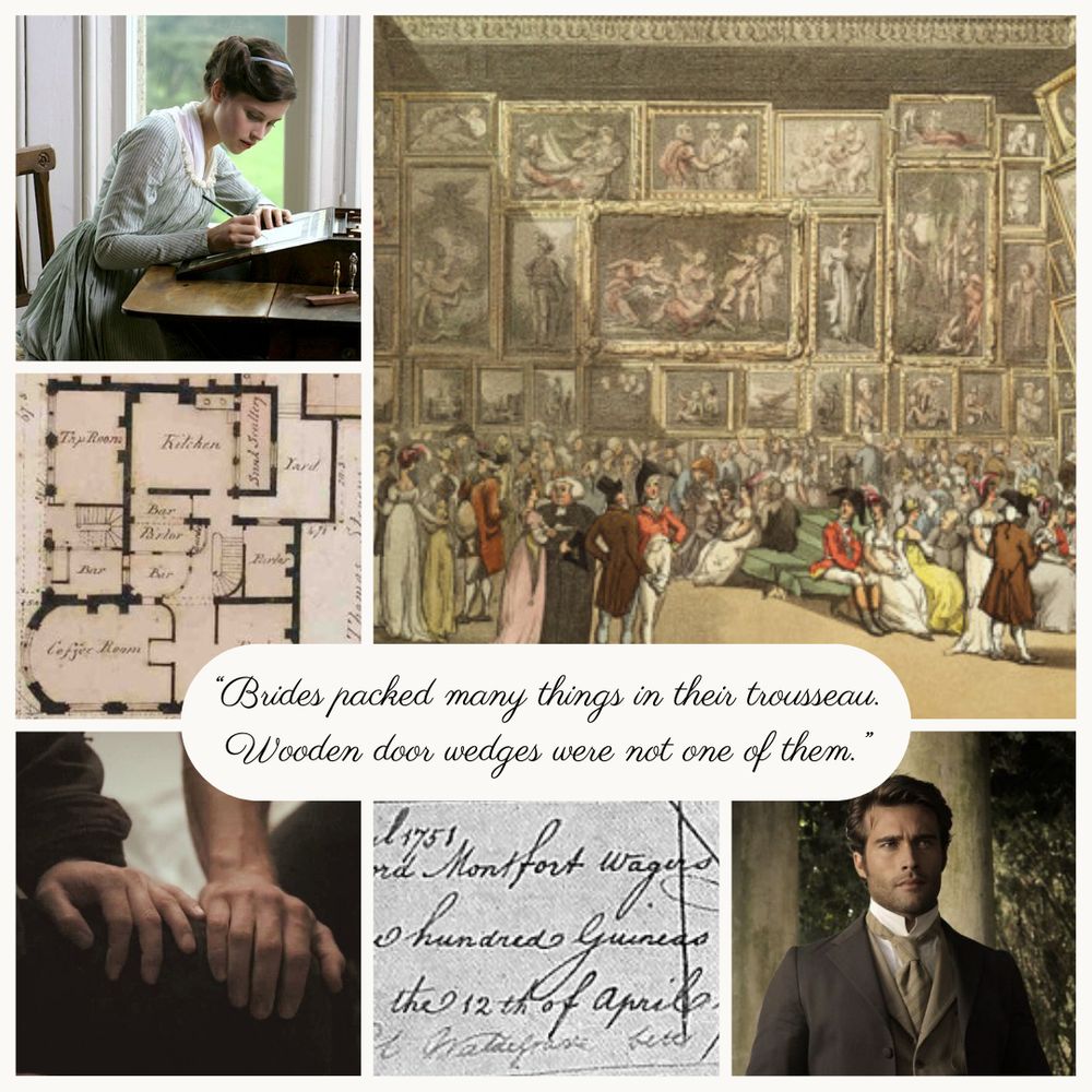 Mood board for Regency romance featuring a period painting of the Royal Academy's Exhibition, a floor plan, a woman working at a desk, a handwritten wager, two hands barely touching, and a man in non-period accurate clothing but dang if he isn't a good looking man and the clothing still looks old timey so it was good enough for a mood board.