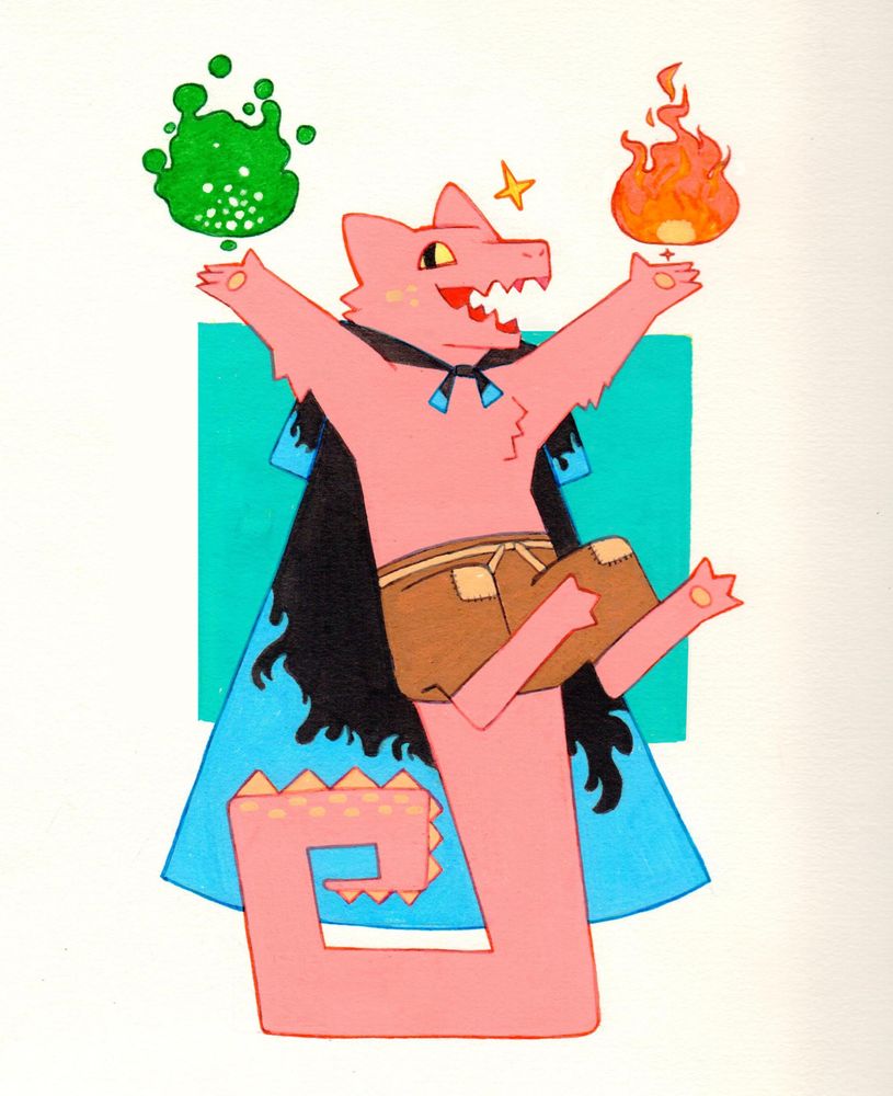 A red (but actually pink because I do not have a red posca) kobold has his arms stretched out. He has poison energy orb on one hand and fire energy on the other. He has a black cape with blue flames. He is pleased with himself.