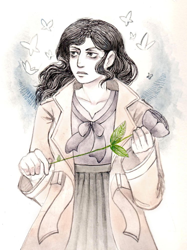 Watercolor art of Hanna, a woman in a trench coat with curly dark hair. She holds a single rose looking in the distance.