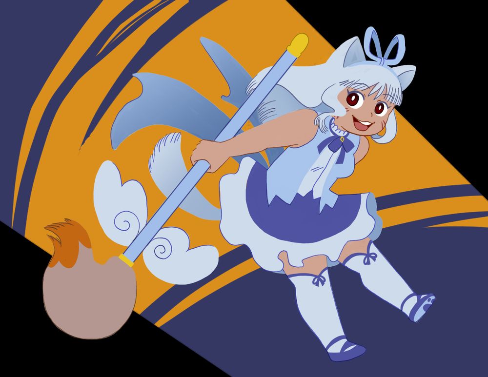 Minimally lined art of a catgirl/miqo'te from ffxiv. She is clad in a blue frilly dress and wields a giant paintbrush. 