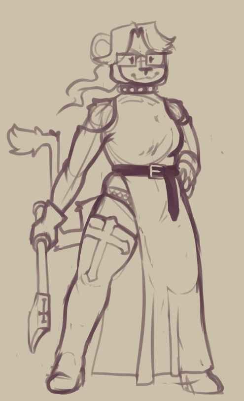 Abby poses in her axe paladin outfit, its an open leg dress with shoulder cutous and if colored would be a sky blue. She fastens it with a belt, and has thigh-high boots with cross motifs on them. She holds an axe with the same motif etched into the back of it