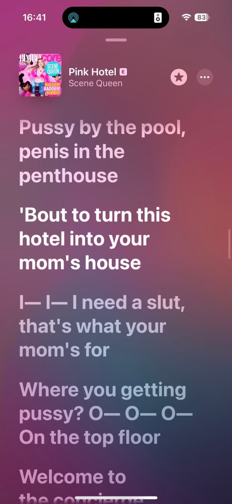 Pink Hotel by scene queen:

Pussy by the pool, penis in the penthouse
'Bout to turn this hotel into your mom's house
I-I- I need a slut, that's what your mom's for
Where you getting pussy? 0-0-0-
On the top floor