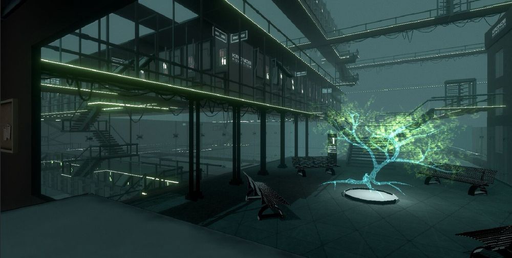 An environment I made, it’s an a deceptive space as it’s an interior scene made to simulate an exterior environment for a dystopian sci fi game. A courtyard with benches and a fake tree (which is just a hologram) are the main focal point. There are metal gangways above conected to the the courtyard by stairs, there is signage at the bottom of the stairs. The gangways go way back into the distance until they disappear into fog. There are structures for dwelling off a few of the gangways. There is no warmth in any of the architecture, it’s cold and harsh was not built with anyone’s comfort in mind.