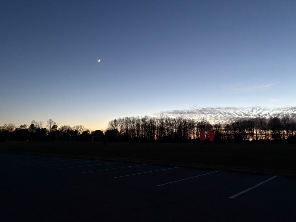 Post-sunset glow lights up a treeline with a slender crescent moon hanging in a cornflower blue gradient sky. 