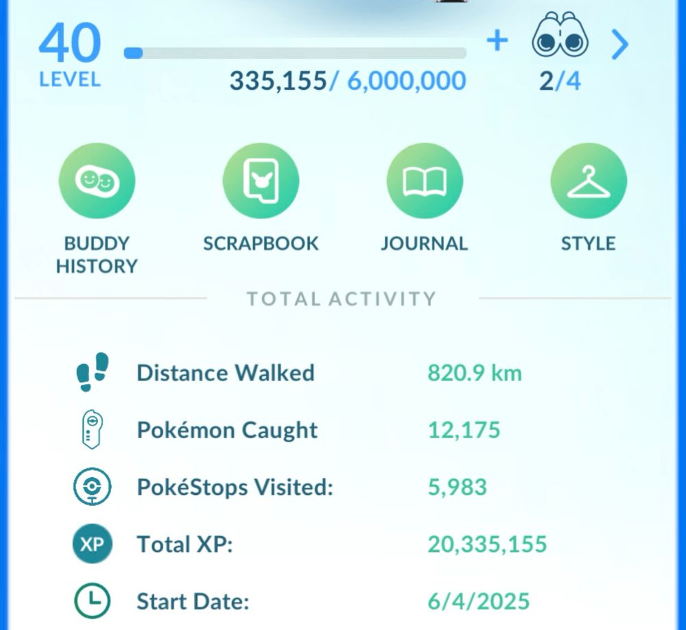 Screenshot from my Pokémon go account profile showing I’m level 40 with a join date of June 4th 2025