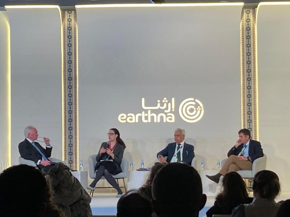 4 speakers on stage at the Earthna Summit, Maja Groff is speaking, holding the microphone