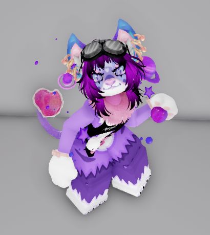 purple galactic themed big cat with black and purple shaggy hair. purple planets and stars surround her.