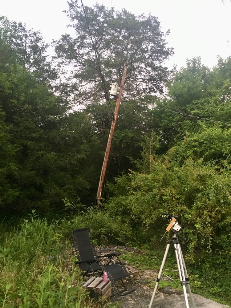 A badly leaning utility pole with trees in the background 