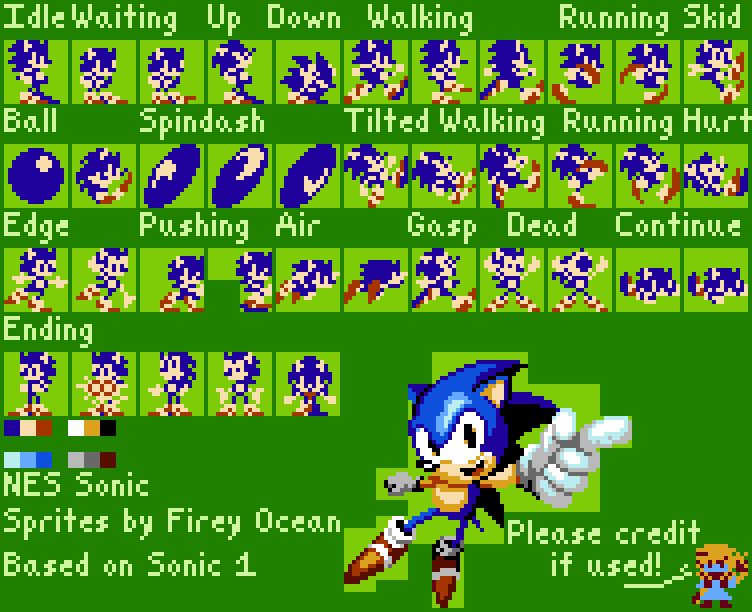 8 bit NES sprite sheet of Sonic, most of which are based on Sonic 1 sprites.