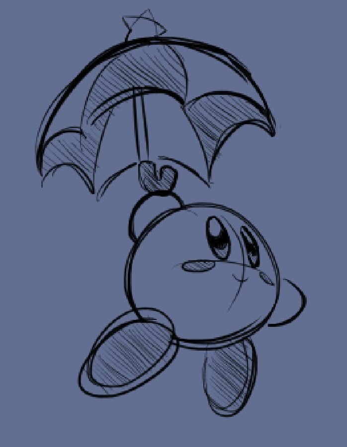 Doodle of Kirby floating in the air with an umbrella.