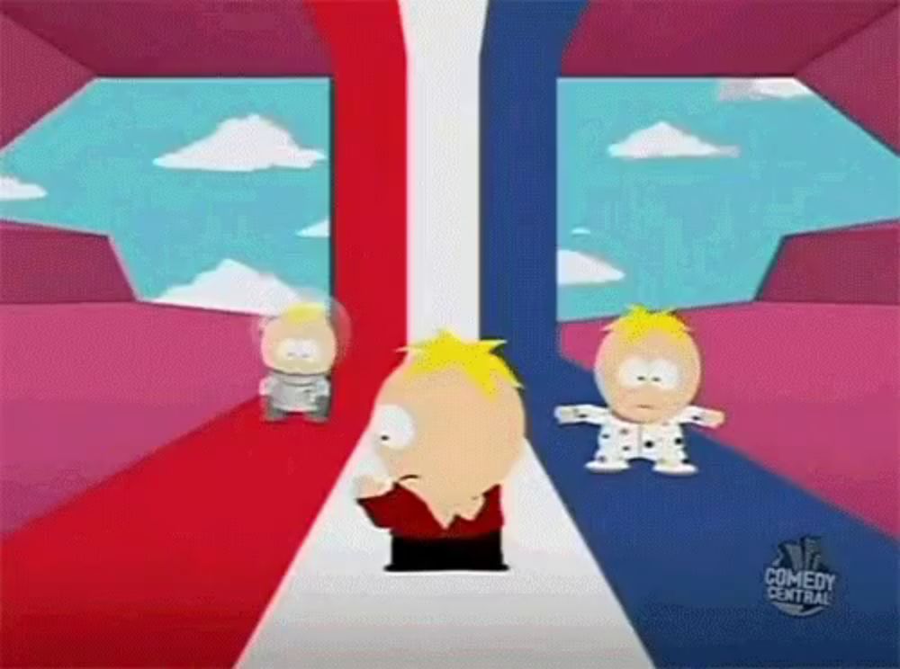 two cartoon characters are standing next to each other on a red , white and blue carpet .