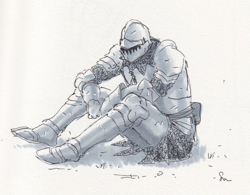 A pen and ink drawing of a knight sitting on the ground in a sad pose.