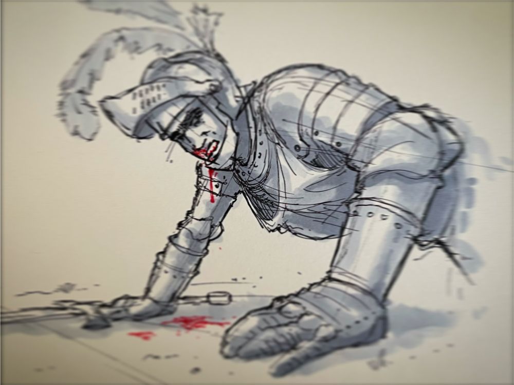 A pen and ink drawing of a knight with his visor opened and mouth blooded.  He is picking himself up off the ground.