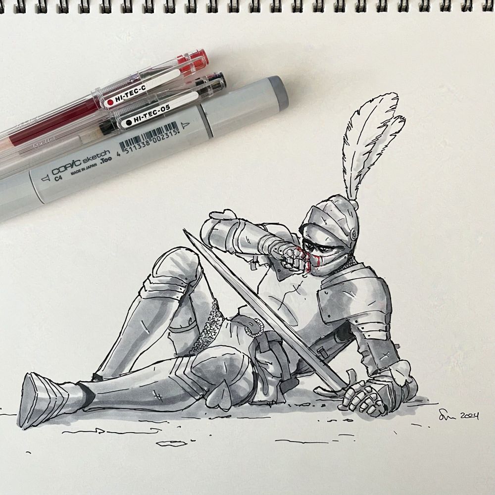 A pen and ink drawing of a knight with his visor opened and mouth blooded.  He is picking himself up off the ground.