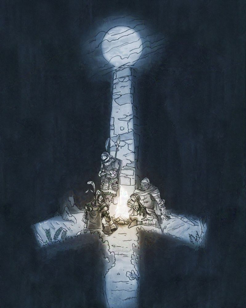 Cover for LONGSWORD tabletop RPG: a pen and marker illustration of three medieval knights sitting around a campfire. The moon and the illumination of the fire on the landscape and the form the shape of a sword hilt.