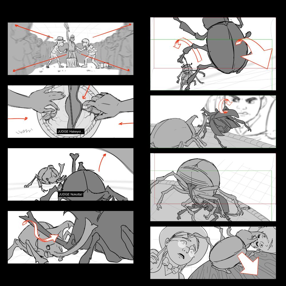 Storyboard sequence from SUNNY (2024): a deleted scene where two children battle rhinoceros beetles