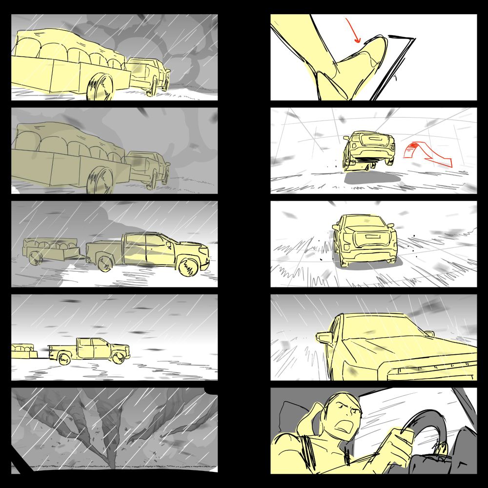 Storyboards from the finale of TWISTERS (2024): Kate drives a truck pulling barrels in a trailer into a tornado.