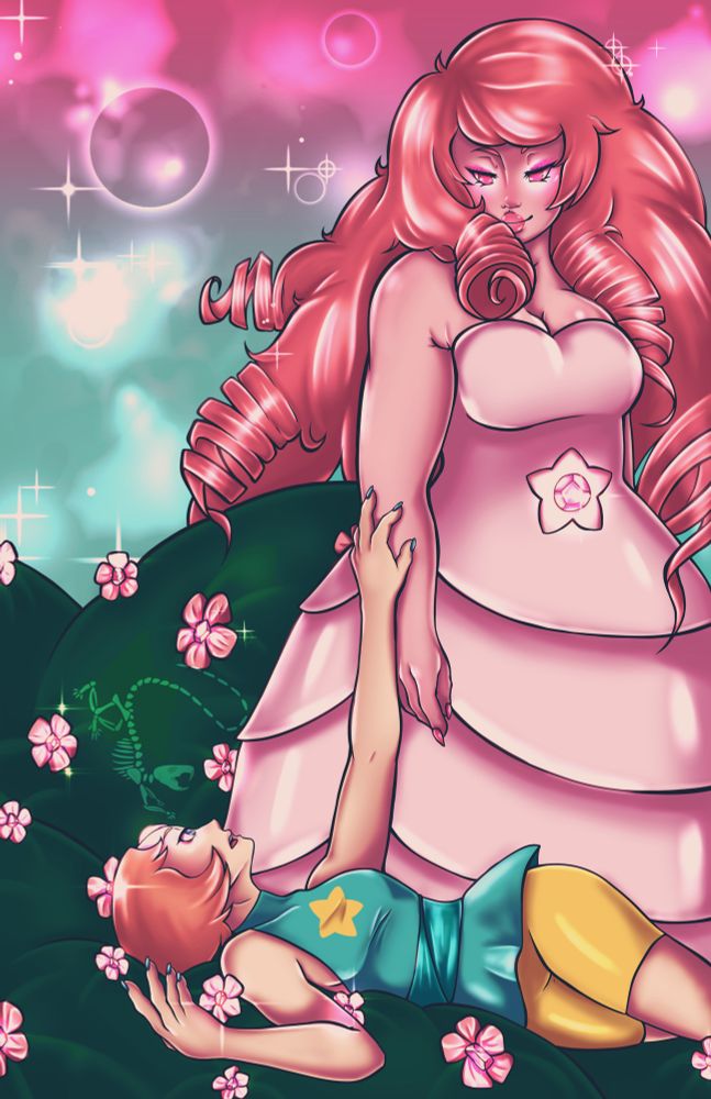 A drawing of pearl from Steven universe laying back on a flower bush reaching up to rose quartz. 