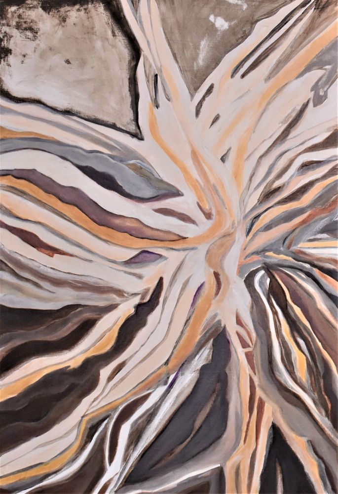 Emerging from Winter - a hosta plant in brown, gray, and gold, with small purple shoots.